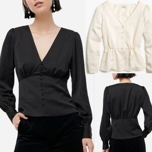 BNWT J. Crew Long-Sleeve Satin-Crepe Peplum Top in Ivory